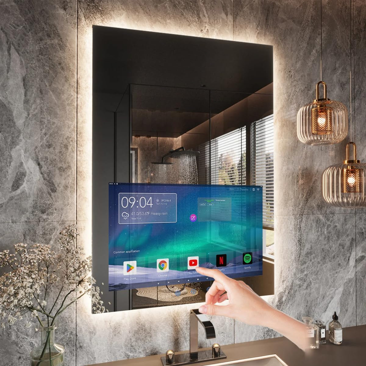 24X32 Inch LED Smart Bathroom Mirror with 21.5" Hidden Touchscreen,Anti-Fog,Ip66 Waterproof,Android System,3-Color LED Lighting,Built-In Speakers,Clock&Weather Display,Wifi Bluetooth Hdmi,Wall-Mounted