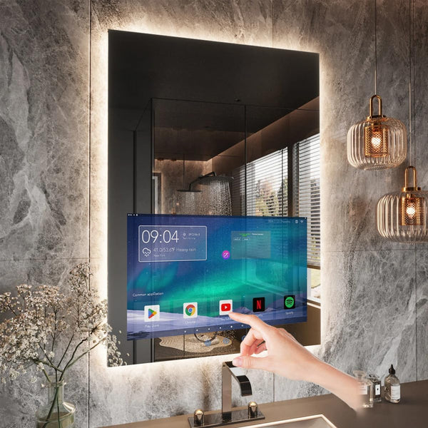 24X32 Inch LED Smart Bathroom Mirror with 21.5" Hidden Touchscreen,Anti-Fog,Ip66 Waterproof,Android System,3-Color LED Lighting,Built-In Speakers,Clock&Weather Display,Wifi Bluetooth Hdmi,Wall-Mounted