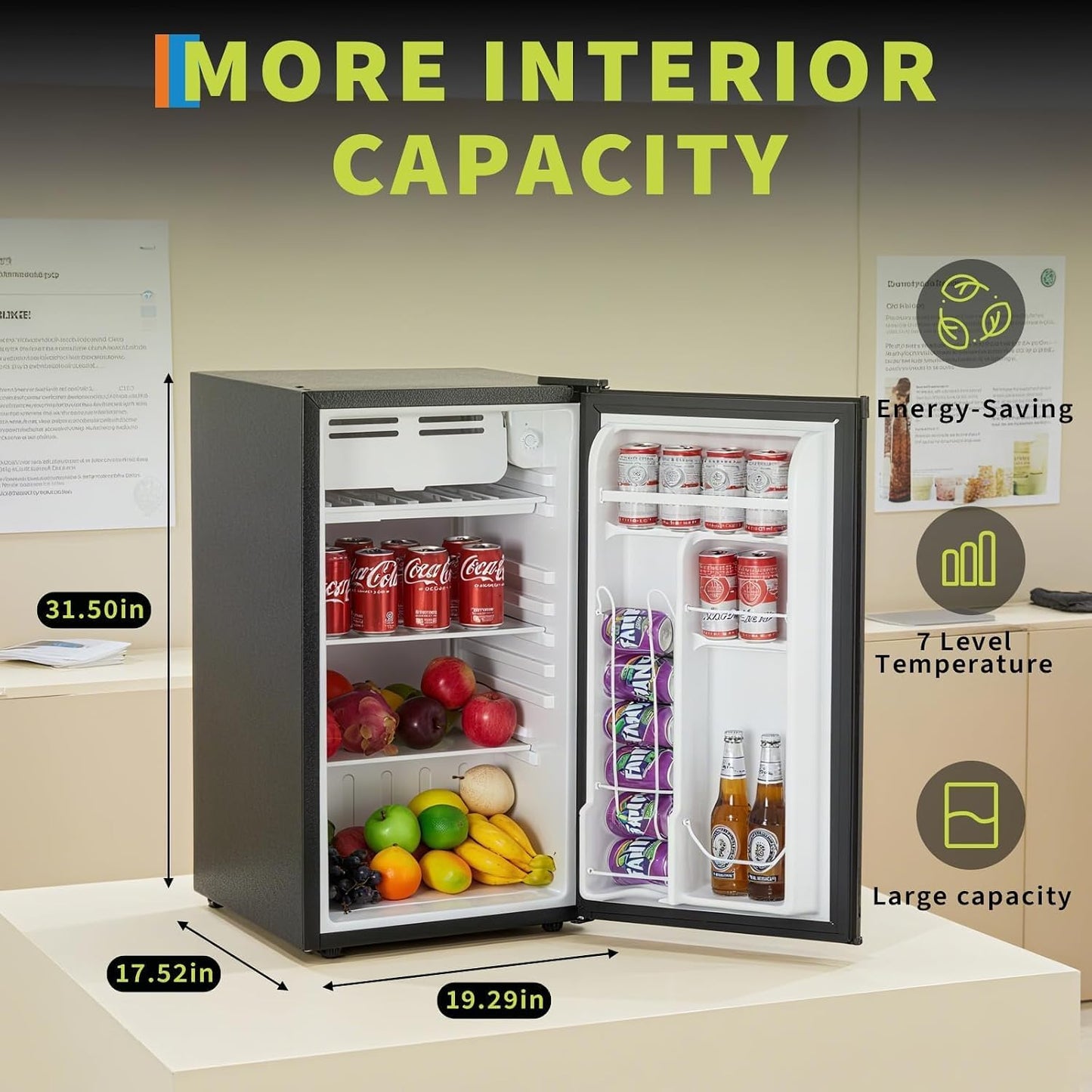 3.2 Cu.Ft Energy-Efficient Compact Refrigerator with Freezer, Quiet Adjustable Thermostat Removable Shelf Reversible Door, College Dorm Mini Fridge Perfect for Dorm, Apartment, Office, Bedroom