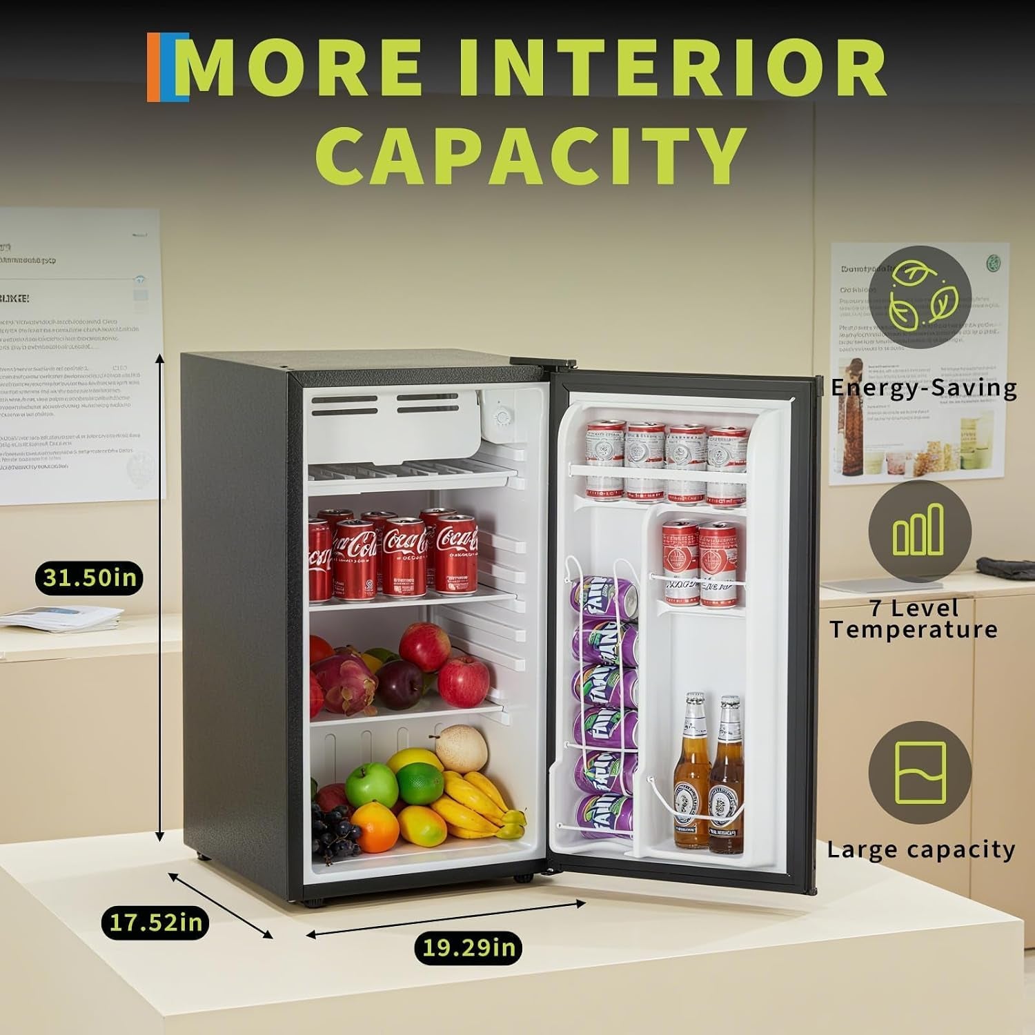 3.2 Cu.Ft Energy-Efficient Compact Refrigerator with Freezer, Quiet Adjustable Thermostat Removable Shelf Reversible Door, College Dorm Mini Fridge Perfect for Dorm, Apartment, Office, Bedroom