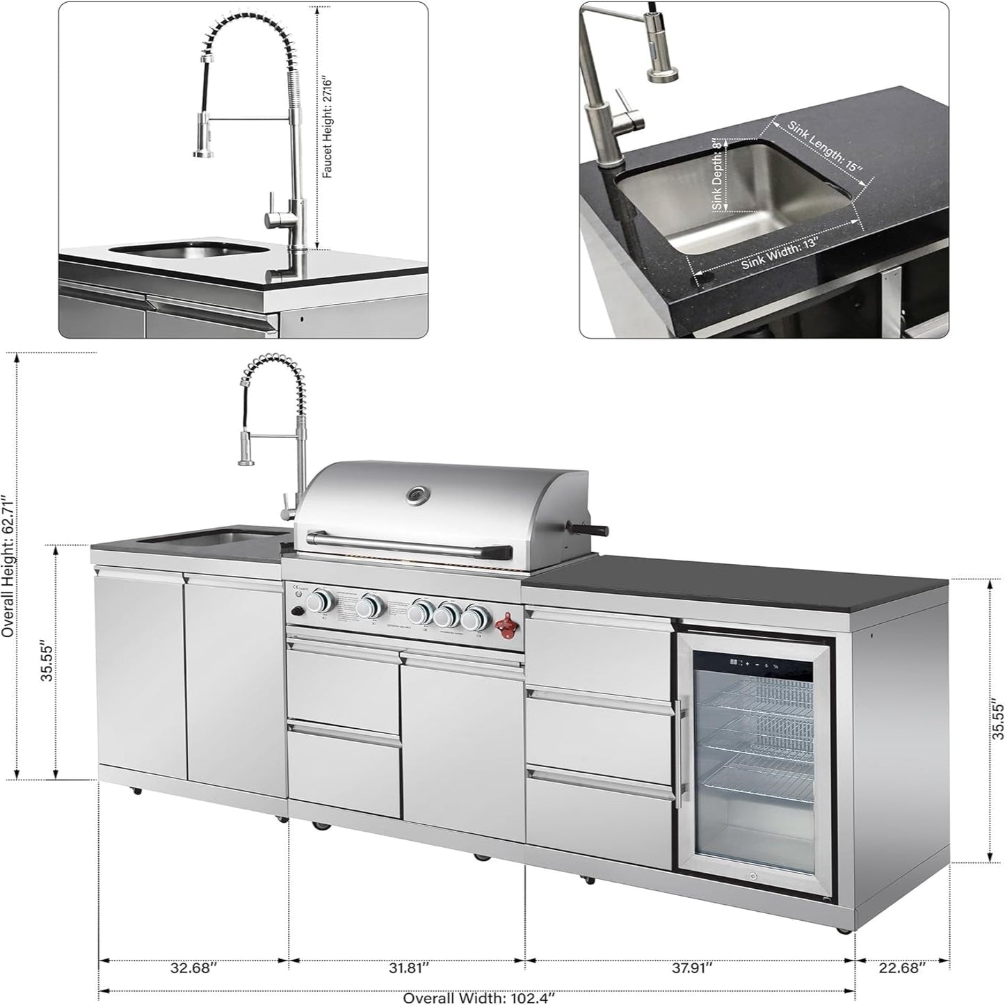 102.4" Outdoor Kitchen Island, 4-Burner Propane Gas BBQ Grill 59500 BTU 304 Stainless Steel, Built-In Sink & Refrigerator for Backyard Patio Cooking (Silver, 102.4"')