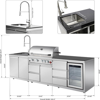 102.4" Outdoor Kitchen Island, 4-Burner Propane Gas BBQ Grill 59500 BTU 304 Stainless Steel, Built-In Sink & Refrigerator for Backyard Patio Cooking (Silver, 102.4"')
