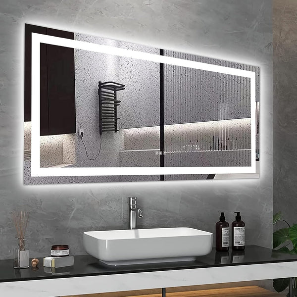 60X32 Inch LED Bathroom Mirror, Black Framed Gradient Front and Backlit LED Vanity Mirror for Bathroom, 3 Colors Dimmable, Double Wall Mirrors with Anti-Fog, Shatter-Proof, Memory Function (60X32)