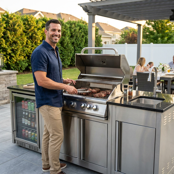 Outdoor Kitchen Kit Built to Transform Patios, 72000 BTU Gas Grill, Built-in Refrigerator, Stainless Steel
