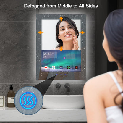 24X32 Inch LED Smart Bathroom Mirror with 21.5" Hidden Touchscreen,Anti-Fog,Ip66 Waterproof,Android System,3-Color LED Lighting,Built-In Speakers,Clock&Weather Display,Wifi Bluetooth Hdmi,Wall-Mounted