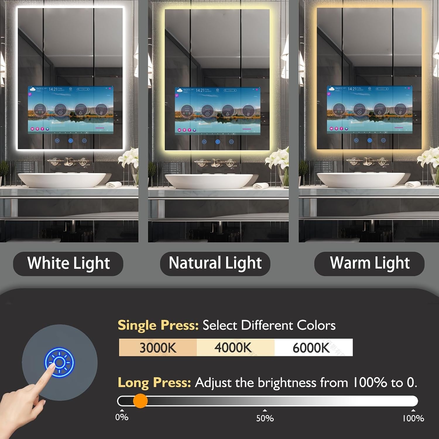 24X32 Inch LED Smart Bathroom Mirror with 21.5" Hidden Touchscreen,Anti-Fog,Ip66 Waterproof,Android System,3-Color LED Lighting,Built-In Speakers,Clock&Weather Display,Wifi Bluetooth Hdmi,Wall-Mounted