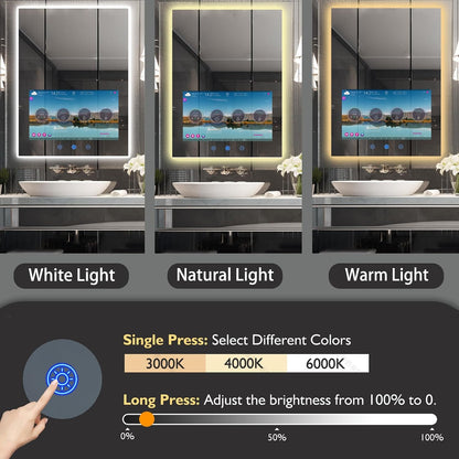 24X32 Inch LED Smart Bathroom Mirror with 21.5" Hidden Touchscreen,Anti-Fog,Ip66 Waterproof,Android System,3-Color LED Lighting,Built-In Speakers,Clock&Weather Display,Wifi Bluetooth Hdmi,Wall-Mounted