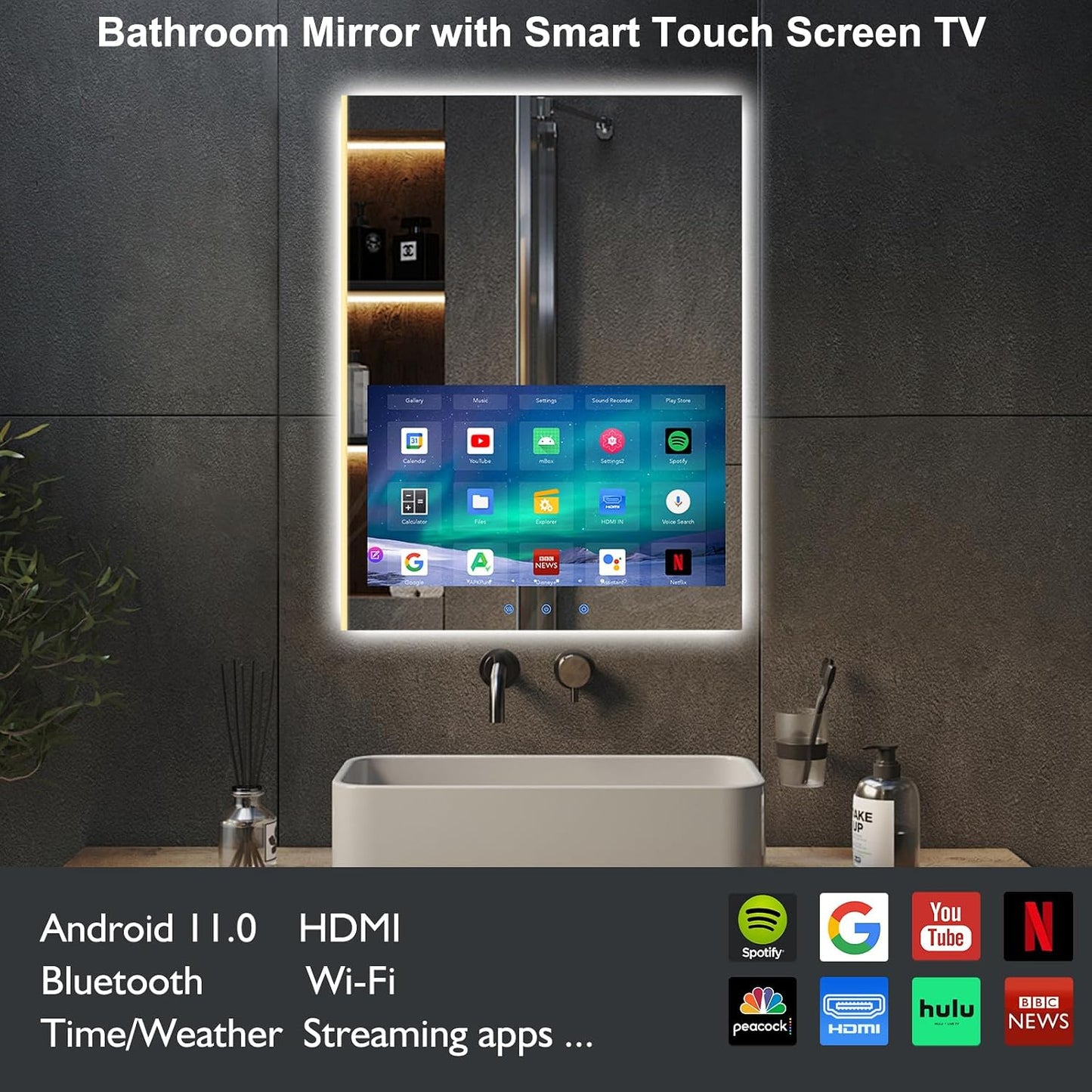 24X32 Inch LED Smart Bathroom Mirror with 21.5" Hidden Touchscreen,Anti-Fog,Ip66 Waterproof,Android System,3-Color LED Lighting,Built-In Speakers,Clock&Weather Display,Wifi Bluetooth Hdmi,Wall-Mounted