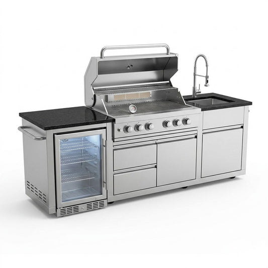 BBQ Island Outdoor Kitchen Kits, 4-Burner 72000 BTU Stainless Steel Modular 98 Inch Natural Gas Outdoor Kitchen Bar Barbecue Island Grill with Refrigerator and Sink for Patio Backyard — Studio Shot