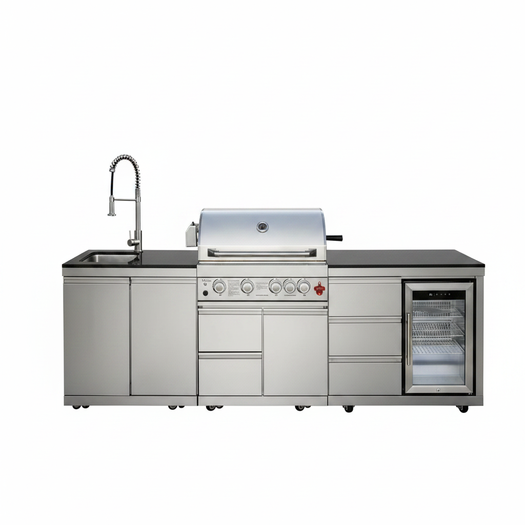 102.4" Outdoor Kitchen Island, 4-Burner Propane Gas BBQ Grill 59500 BTU 304 Stainless Steel, Built-In Sink & Refrigerator for Backyard Patio Cooking (Silver, 102.4"')