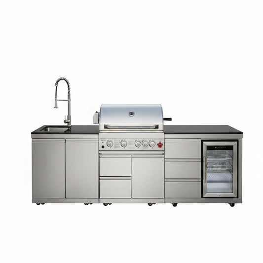 102.4" Outdoor Kitchen Island, 4-Burner Propane Gas BBQ Grill 59500 BTU 304 Stainless Steel, Built-In Sink & Refrigerator for Backyard Patio Cooking (Silver, 102.4"')