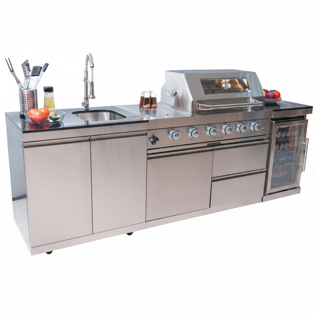 Outdoor Kitchen Kit Built to Transform Patios, 72000 BTU Gas Grill, Built-in Refrigerator, Stainless Steel